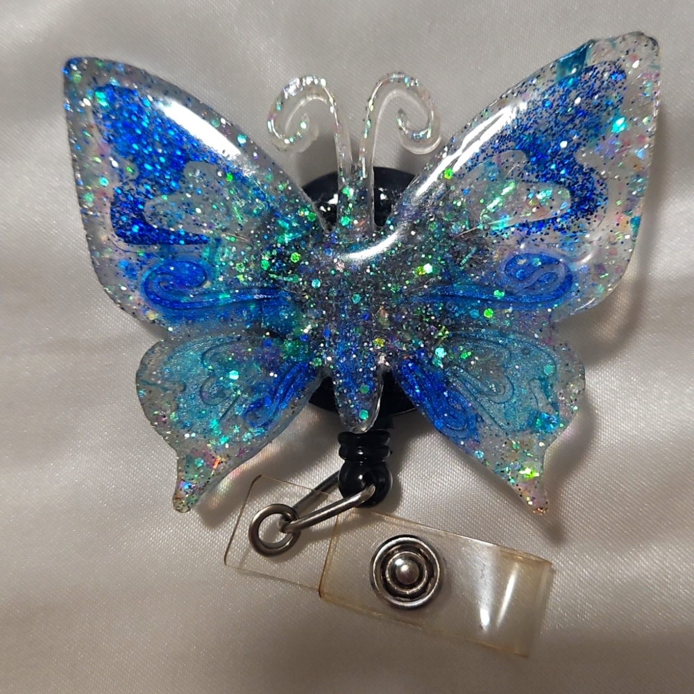 Handmade; blue butterfly badge clip